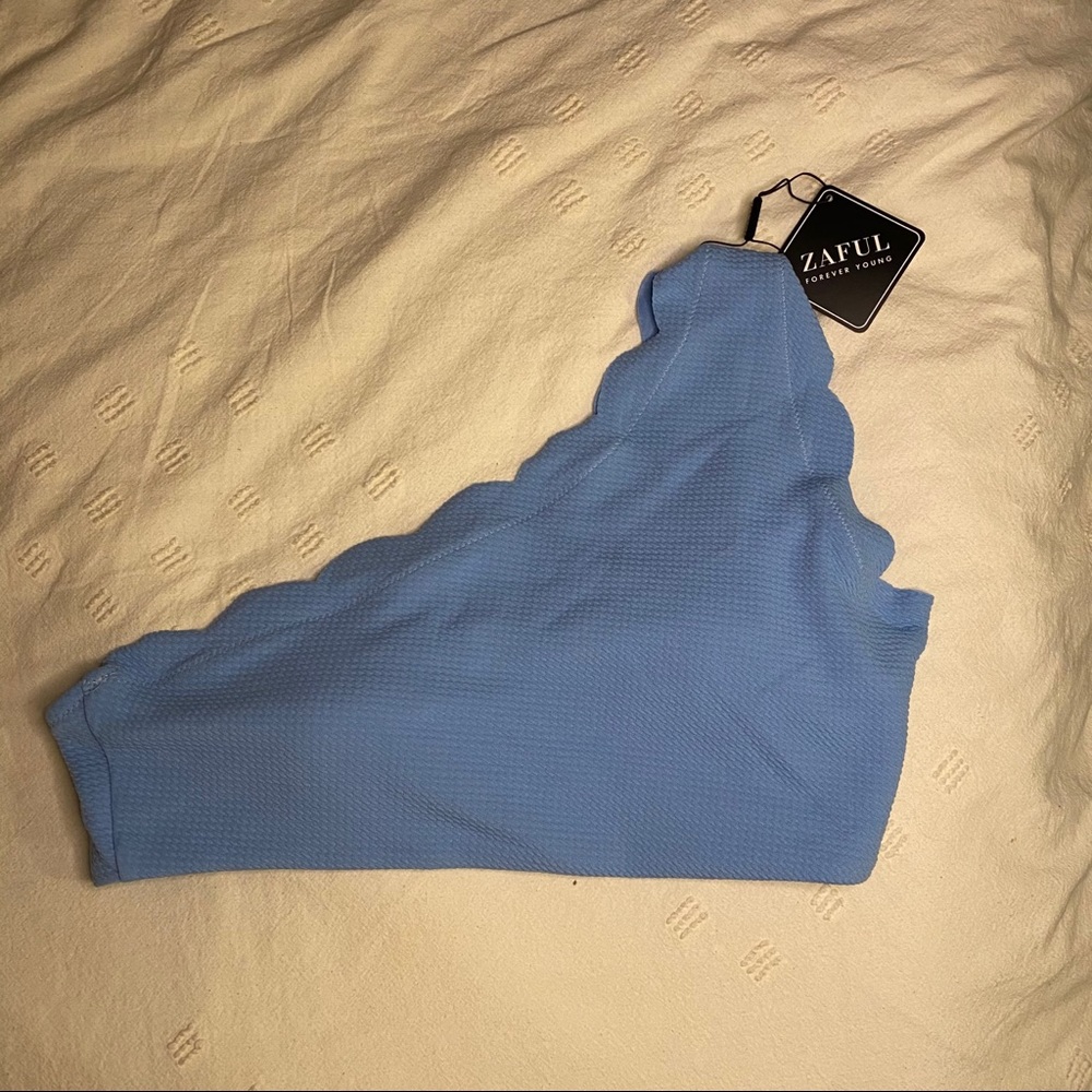 Light blue one shoulder scallop bathing suit top